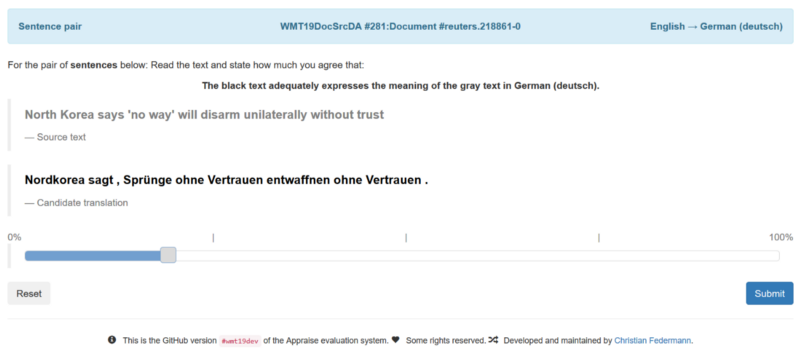 WMT 19 sentence-level human evaluation interface