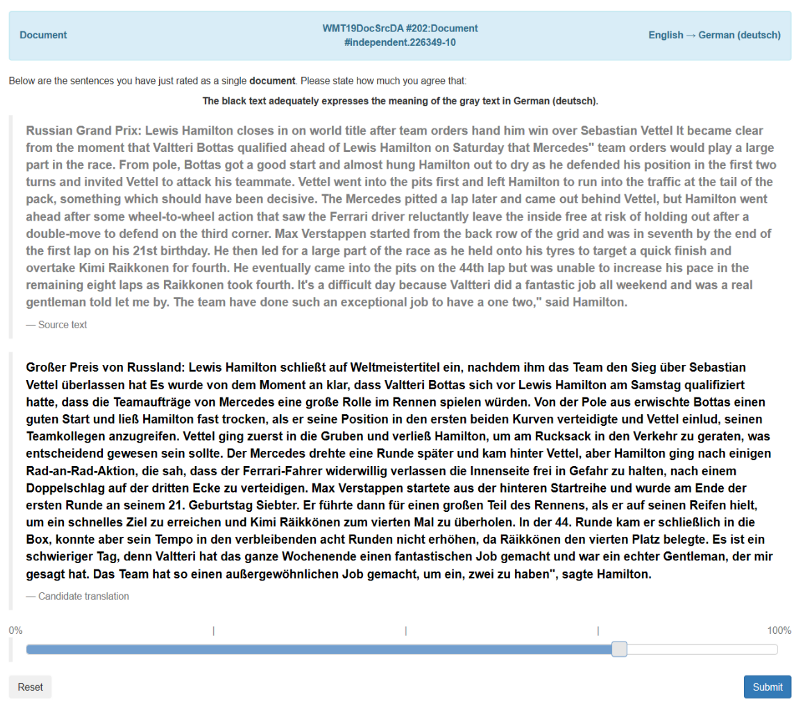 WMT 19 document-level human evaluation interface